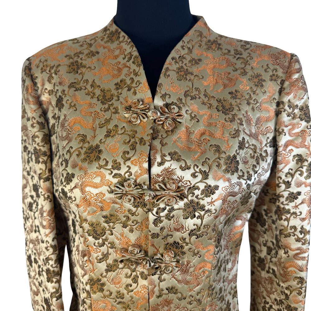 Vintage Gold Dragon Brocade Mandarin Jacket XS Longline Asian Inspired Blazer